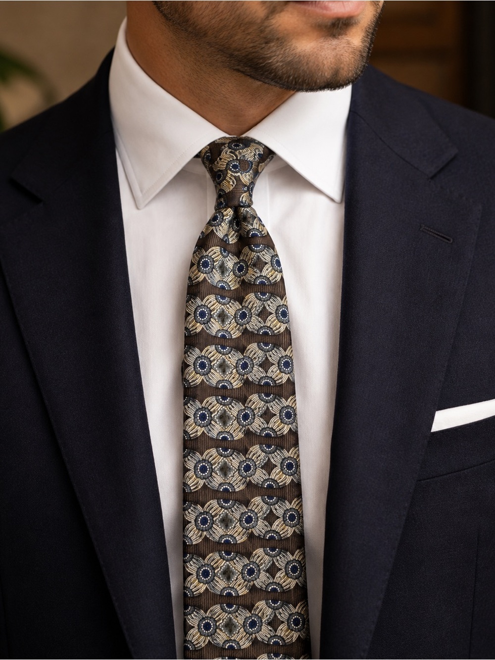 Harve Benard Brown Tie with Blue and Cream Medallion Pattern